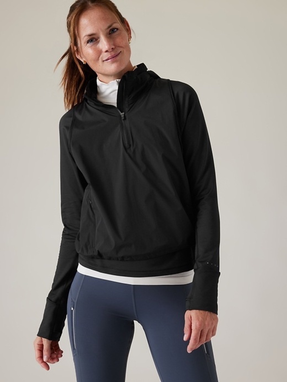 Athleta Whistler Half Zip Activewear Pullover Wordmark with Thumbholes in Black